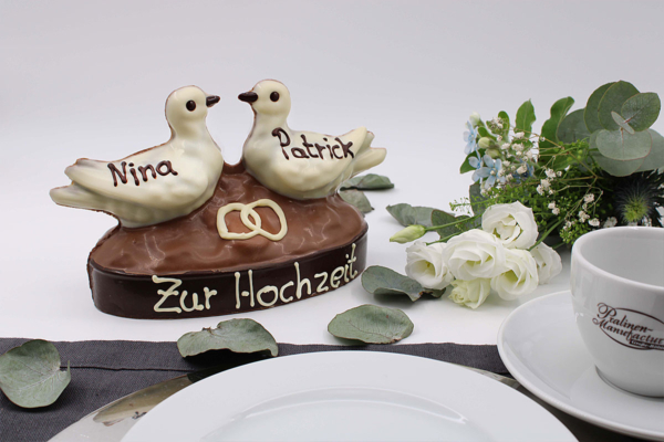 Hochzeitstauben, Dekoration Hochzeiten, Tortendeko, Taubenpaar aus Schokolade, Tauben für Torte, individuell beschriften Hochzeit