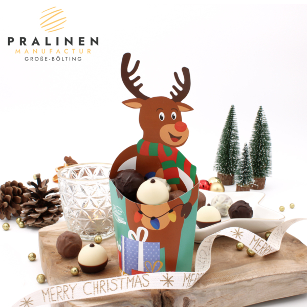 Pralinen zu Weihnachten, Schokolade Weihnachten, Pralinenbox, Weihnachtsbox mit Pralinen, Cup Rentier