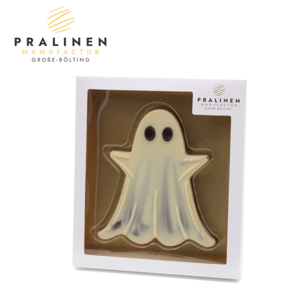Schokoladenrelief Gespenst aus weißer Schokolade in einer hellen Geschenk-Verpackung
