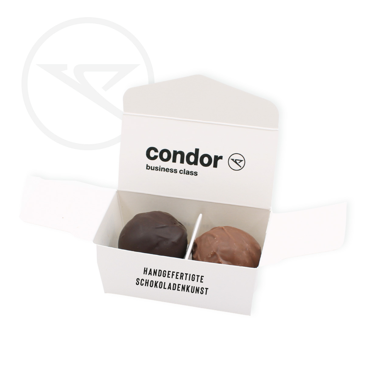 condor-pralinenschachtel-pralinen-manufactur-grosse-boelting 2er-Pralinenschachtel mit Condor-Aufdruck